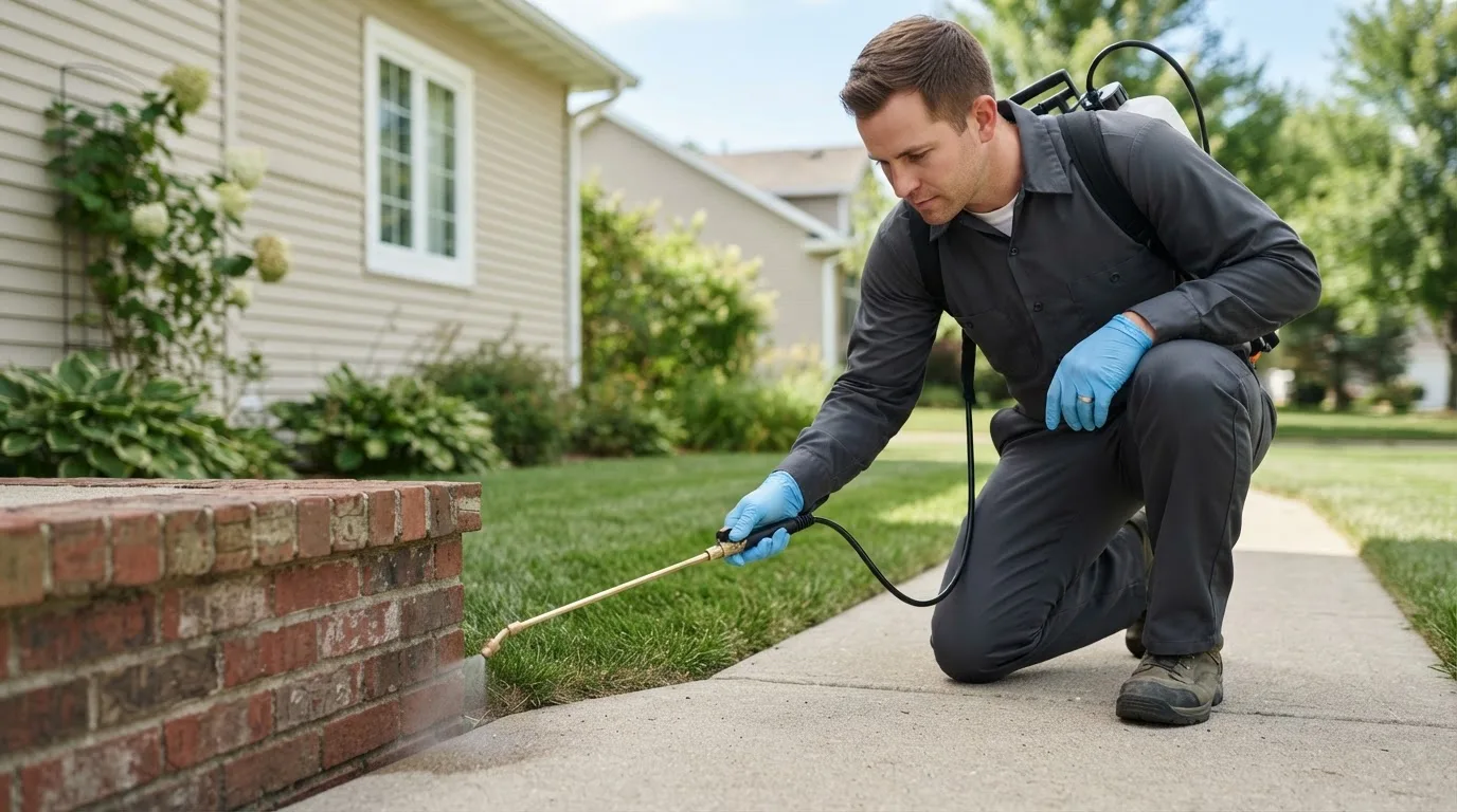 Pest control technician treating a home near Caulfield, MO