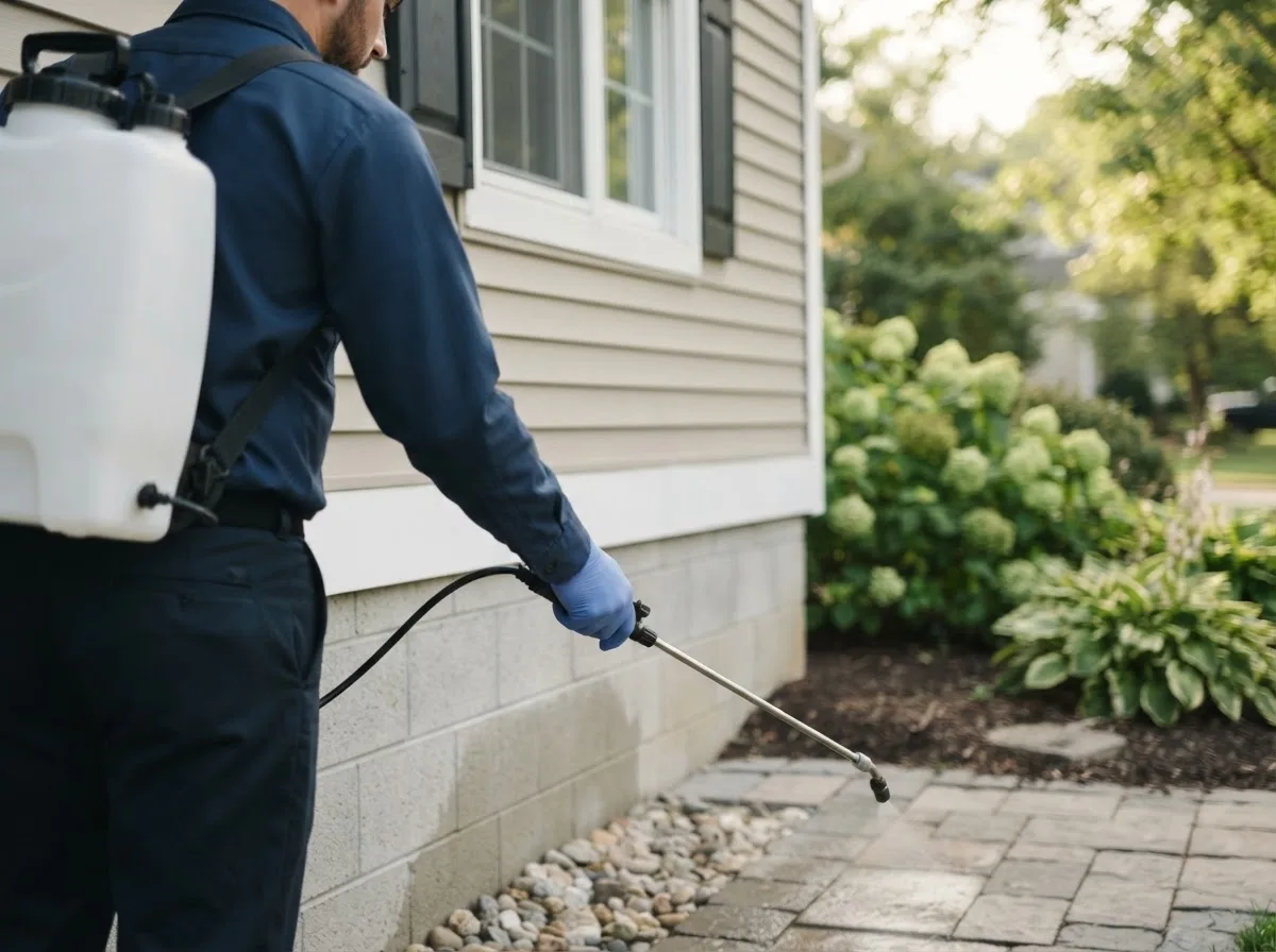Pest control technician inspecting a home in Caulfield, MO